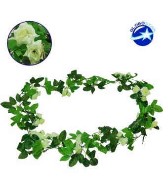 GloboStar® 09019 Τεχνητό Κρεμαστό Φυτό Διακοσμητική Γιρλάντα Μήκους 2.2 μέτρων με 33 X Μικρά Τριαντάφυλλα Πράσινα Λευκά